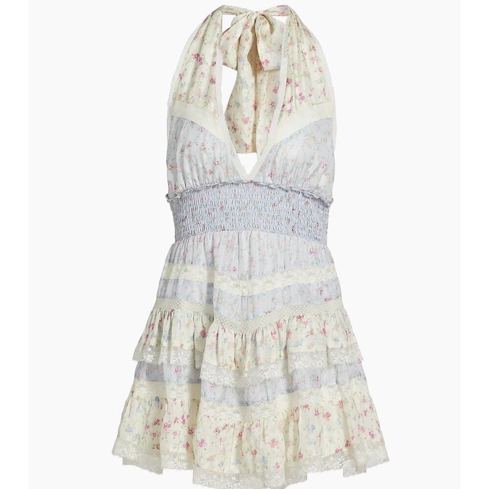 Loveshackfancy Prim Halterneck Floral Silk Minidress Pearled Blue Medium AUTH - Picture 3 of 7